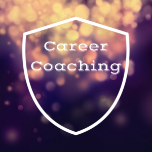 A field of purple with dotted golden dots. A shield with the words 'Career Coaching'