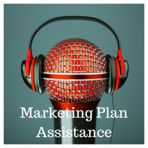 A red microphone with headphones on it. Text reads 'Marketing Plan Assistance'